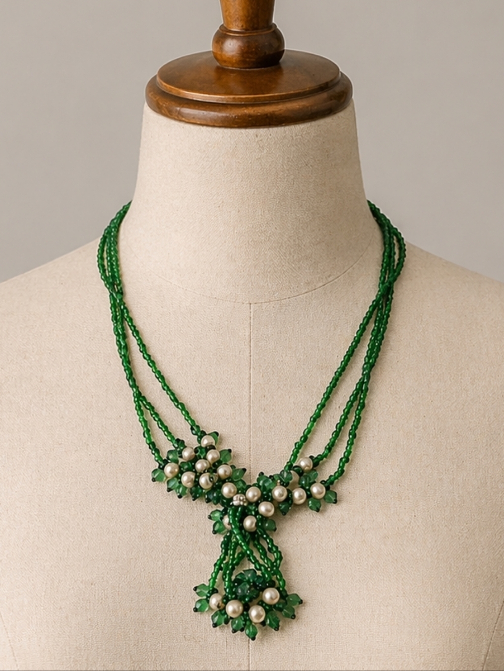 Vintage Floral Beaded Necklace Green Pearl Multi Strand Boho Statement Art Deco